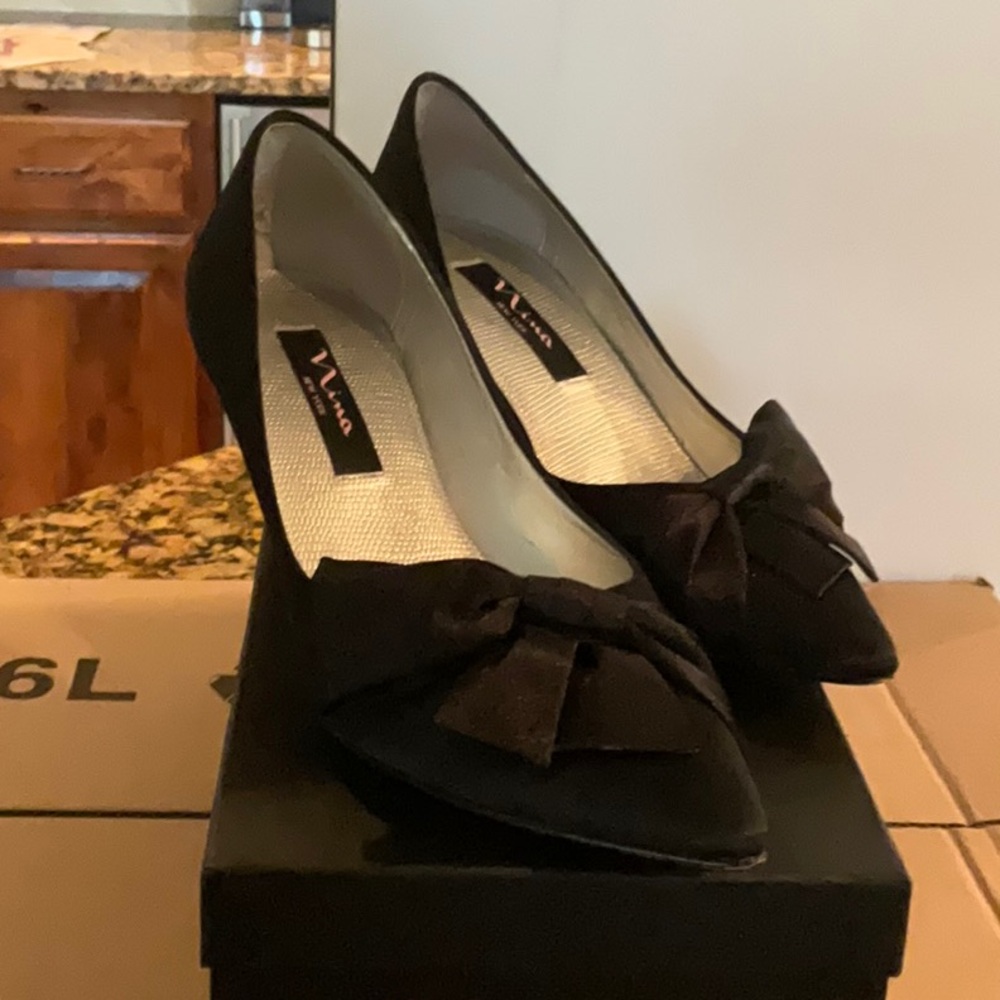 NINA BLACK SATIN BOW HEELS